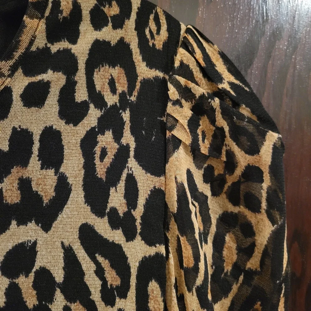 INC International Concepts Leopard Print Mesh Sleeves 3/4 Sleeve‎ Top Women M - Picture 4 of 10